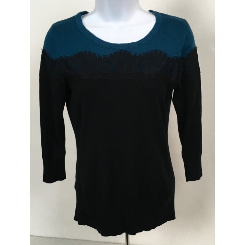 Apt 9 Women Sweater Size S Black Blue with Black Lace Long Sleeves Round Necklin